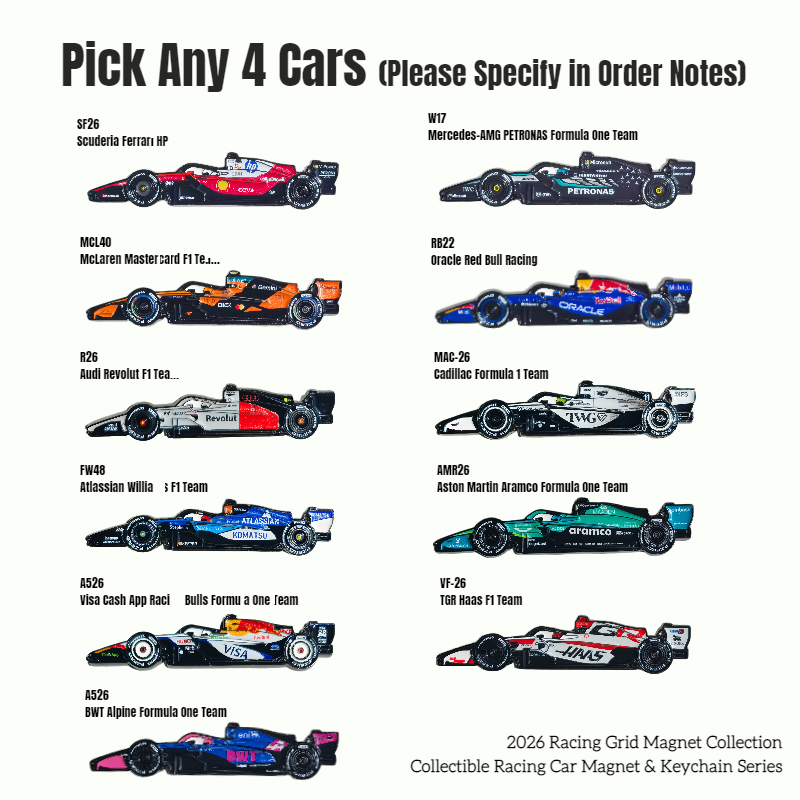 BUDDLE: Racing Cars Magnets and Keychains - Pick Any 4