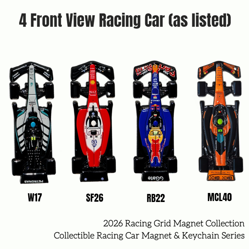 BUDDLE: 4 Front View Racing Car Magnets and Keychains