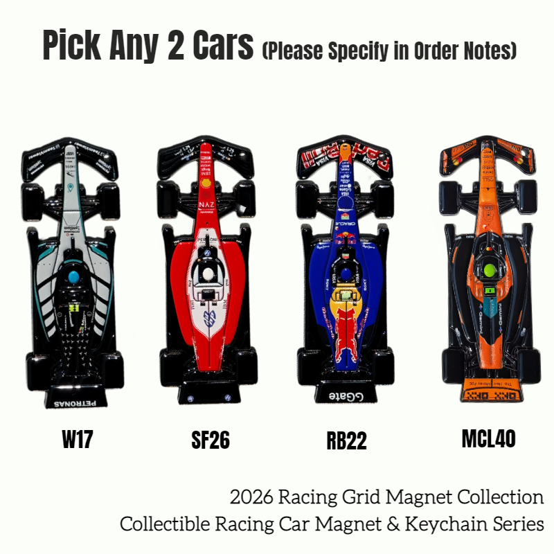 BUDDLE: 2 Front View Racing Car Magnets and Keychains